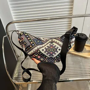 Women Ethnic Bohemian Woven Crossbody Bag Geometric Jacquard Pattern Moon Shape Shoulder Bag Casual Travel Handbag Vintage Bag