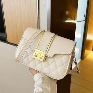 Quilted PU Leather Crossbody Bag Small Square Shoulder Bag Gold Lock Stylish Fashion Daily Underarm Handbag For Women
