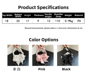 Tabella taglie borsa retrò con fiocco che mostra dimensioni e varianti colore disponibili