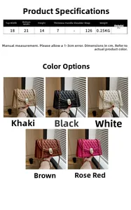 Detailed size chart and multi-color options for quilted chain crossbody bag with PU finish