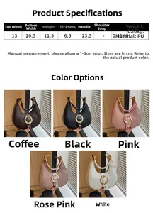 Size chart showing 20.5cm width and material specs for the leather shoulder bag