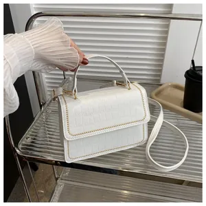 Detail of white crocodile pattern shoulder bag with gold chain trim and flap closure