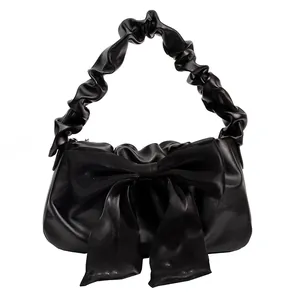 Borsa a mano retrò nera da donna con grande fiocco e manico increspato stile scrunchie