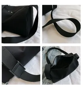 Detailed views of a black Oxford cloth tote bag with wide straps and dual zippers