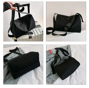 Detailed views of a large black oxford cloth tote bag showing side and interior capacity