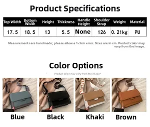 Size chart and dimensions for PU crossbody square bag with printed wide shoulder strap