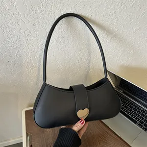 Women PU Leather Underarm Bag Gold Heart Metal Buckle Small Baguette Shoulder Bag Solid Color Casual Fashion Handbag