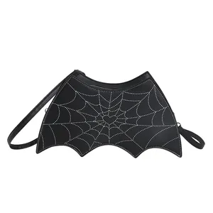 Gothic bat-shaped crossbody bag with white spider web embroidery and heart detail