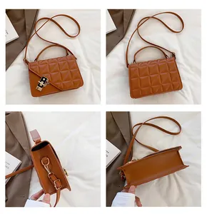 Vue détaillée du sac matelassé caramel avec fermoir géométrique doré sous quatre angles