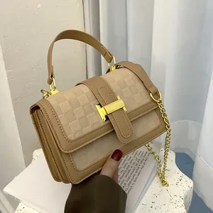 Women Fashion Crossbody Bag PU Leather Checkerboard Shoulder Bag Metal Chain H-Lock Square Handbag Commuting Messenger Bag