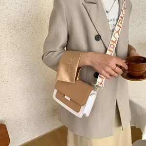 Retro contrast color crossbody square bag with wide patterned shoulder strap for women