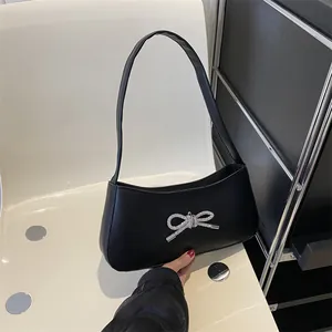 Women Fashion PU Leather Underarm Bag Trendy Rhinestone Bow Shoulder Bag Elegant Solid Color Fashion Handbag Daily Use