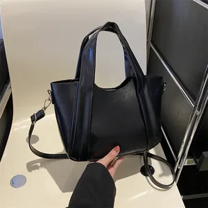 Women Large Capacity PU Leather Bucket Bag French Minimalist Solid Color Shoulder Crossbody Bag Fashion Tote Handbag