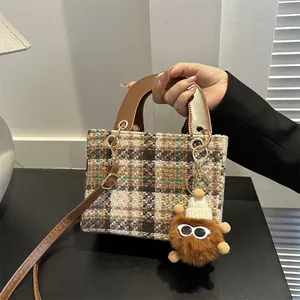 Vintage Plaid Tweed Handbag For Women Top Handle Crossbody Satchel Bag With Plush Charm Fall Winter Fashion Square Bag