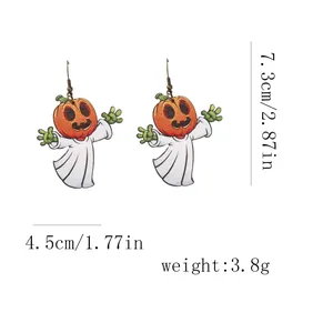 Detail of wooden Halloween pumpkin ghost earrings showing dimensions of 7.3cm height
