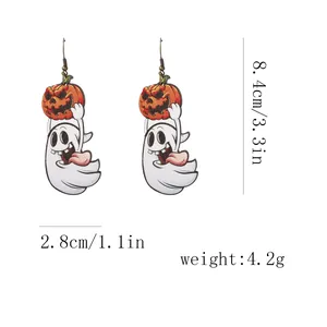 Detailed view of Halloween wood drop earrings with ghost pumpkin and size measurements