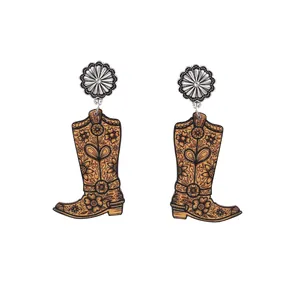 Western Cowboy Holzstiefel Ohrringe mit silberner Retro Sonnenblume Anhänger