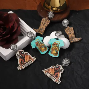 Vintage Western Cowboy Holz Ohrhänger Für Damen Legierung Sonnenblume Stecker Mehrere Muster Cowboystiefel T-Shirt Druck Schmuck
