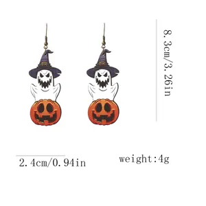 Halloween wood ghost earrings with pumpkin and wizard hat detailing size 8.3x2.4cm