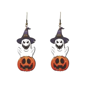 Halloween wooden ghost and pumpkin drop earrings with wizard hat on white background
