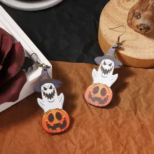Halloween wooden ghost and pumpkin drop earrings with purple witch hat for party