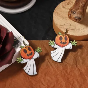 Handcrafted wooden Halloween ghost earrings with pumpkin head for holiday party costume wear