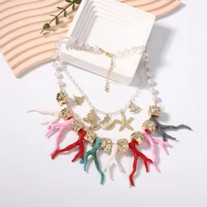 Hawaiian Beach Multi-Layered Faux Pearl Necklace With Starfish Shell Fish Charms Colorful Coral Pendants Alloy Jewelry For Women
