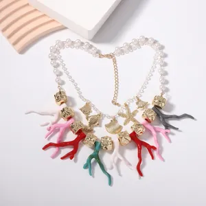 Double-layer Hawaiian ocean necklace with pearls, starfish charms and colorful coral accents