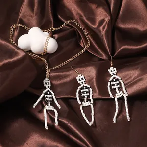 Halloween Gothic Handmade Beaded Skeleton Pendant Necklace And Earring Alloy Plastic Jewelry For Women Party Costume Accessory