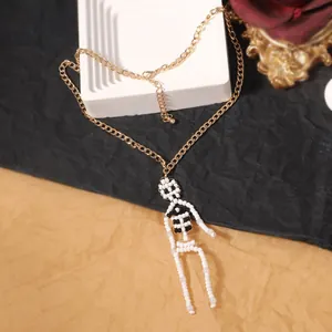 Handmade beaded skeleton necklace set with golden chain for Halloween creative fashion jewelry
