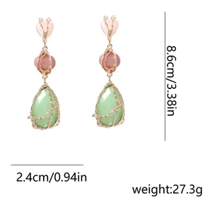 Detailed dimensions of colorful drop earrings with heart and resin beads on white background