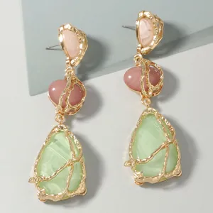Bohemian dopamine colorful resin drop earrings with gold wire wrap in tiered design