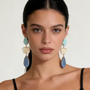 Bohemian Colorful Geometric Resin Drop Earrings For Women Vintage Alloy Teardrop Splicing Earrings Party Jewelry Gift