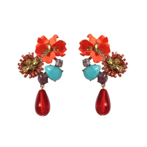 Bohemian floral drop earrings with colorful resin stones and red teardrop pendants