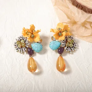 Bohemian oversized floral drop earrings with colorful resin stones and pearls