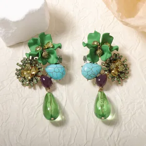 Retro resin flower and teardrop long earrings featuring green crystal and colorful stones