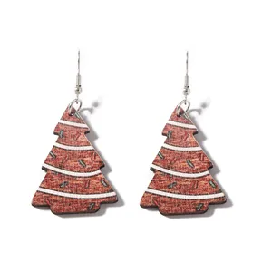 Détails des boucles d'oreilles sapin de Noël en bois avec rayures et crochets