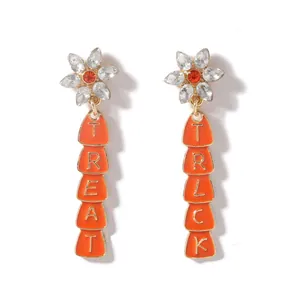Halloween drop earrings with orange enamel Trick or Treat letters and rhinestones