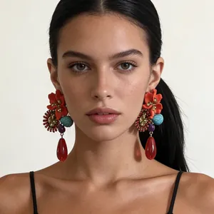 Bohemian Vintage Oversized Resin Flower Waterdrop Drop Earrings For Women Alloy Rhinestone Ethnic Style Statement Jewelry