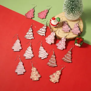 Boucles d'oreilles Crochet en Bois en Forme de Sapin de Noël Multicolore Imprimé Bois Léger Boucles d'oreilles Pendantes pour Femme Cadeau Fête