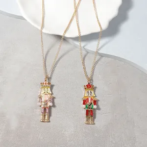 Creative Alloy Enamel Nutcracker Soldier Pendant Necklace With Zirconia Imitation Artificial Pearl Gold Tone Festive Jewelry Gift