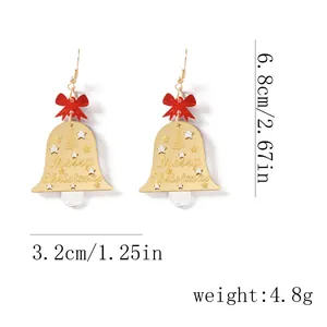 Détails des boucles d'oreilles cloches Merry Christmas avec nœuds rouges et mesures