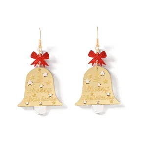 Boucles d'oreilles cloches de Noël dorées avec nœuds rouges et gravure Merry Christmas