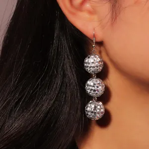 Vintage Silver Mirror Disco Ball Drop Earrings Triple Tiered Dangle Earrings For Women Retro Party Club Jewelry Accessory