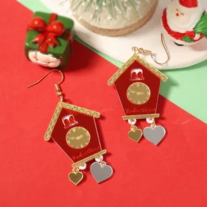 Boucles d'oreilles maison en acrylique rouge avec horloge dorée et pendentifs cœur