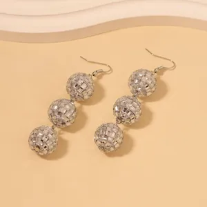Sparkly silver mirror disco ball drop earrings with three-tier mosaic beaded design