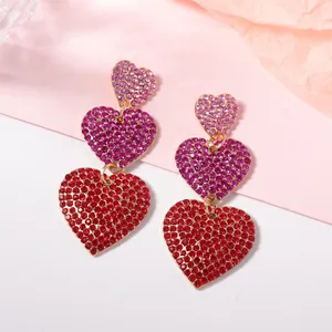 Boucles d'Oreilles Pendantes Triple Cœur en Alliage Strass Dégradé Rose Rouge Zirconia pour Saint Valentin Bijoux Femme