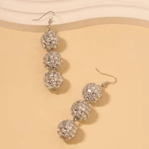 Handmade silver disco ball triple stacked sphere long drop earrings for women