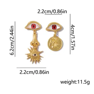 Detail view of vintage asymmetric evil eye drop earrings with dimensions and weight specs