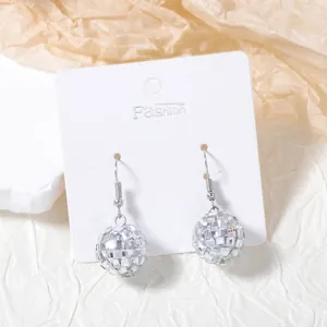 Chic silver disco ball earrings with mirror tiles on white fashion display card